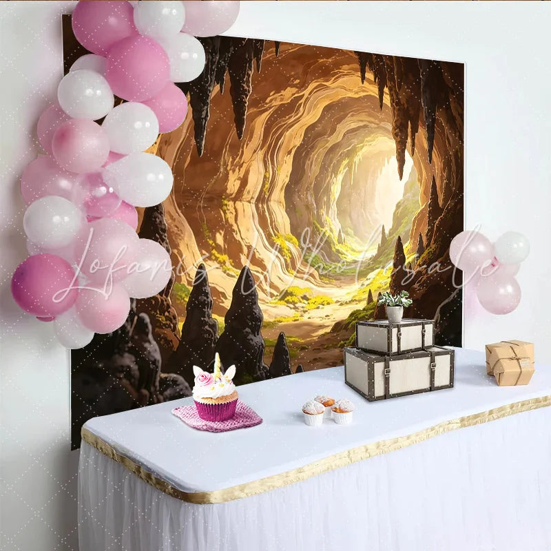 Lofaris Illuminated Fantasy Cave Photography Backdrop with Stalactites and Green Moss Vibrant Adventure Theme Background for Studio