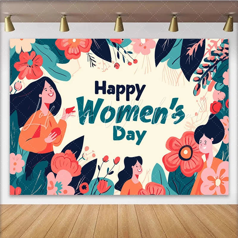 Lofaris Illustrated Womens Day Backdrop Smiling Women and Giant Flowers Empowerment Celebration Banner