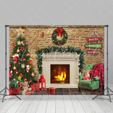 Lofaris Indoor Christmas Scene Lit Fireplace Tree Backdrop