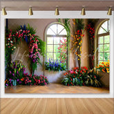 Lofaris Indoor Floral Wall Backdrop Bright Windows and Tulip Arrangements for Spring Decor