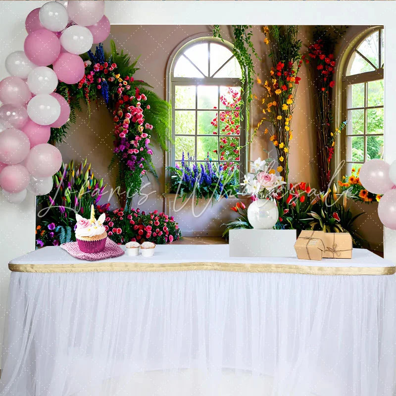 Lofaris Indoor Floral Wall Backdrop Bright Windows and Tulip Arrangements for Spring Decor