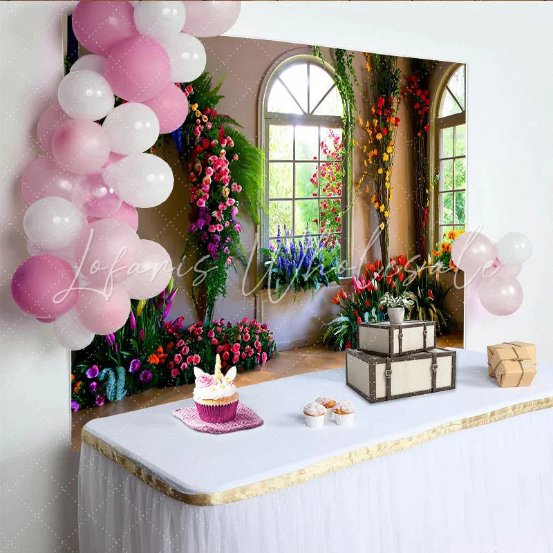 Lofaris Indoor Floral Wall Backdrop Bright Windows and Tulip Arrangements for Spring Decor
