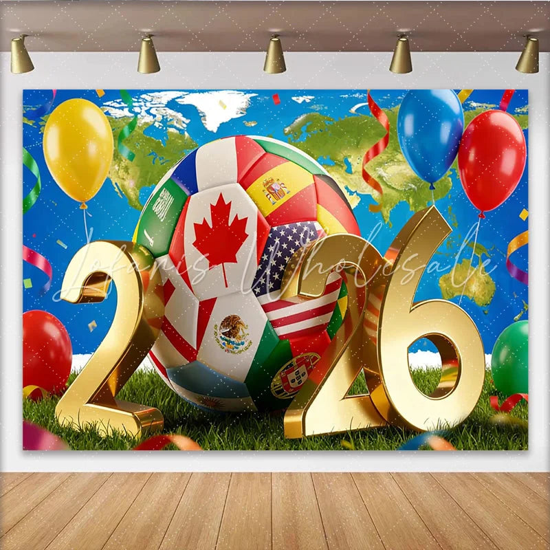 Lofaris International Soccer Game Backdrop with Golden 2026 and Flags World Map Party Decoration for Sports Fans