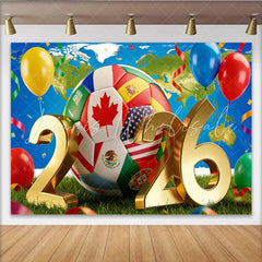 Lofaris International Soccer Game Backdrop with Golden 2026 and Flags World Map Party Decoration for Sports Fans