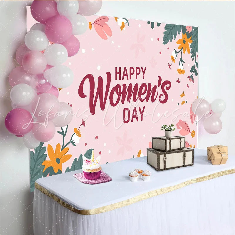 Lofaris International Women Day Hand Drawn Floral Backdrop Pink Botanical Party Decor