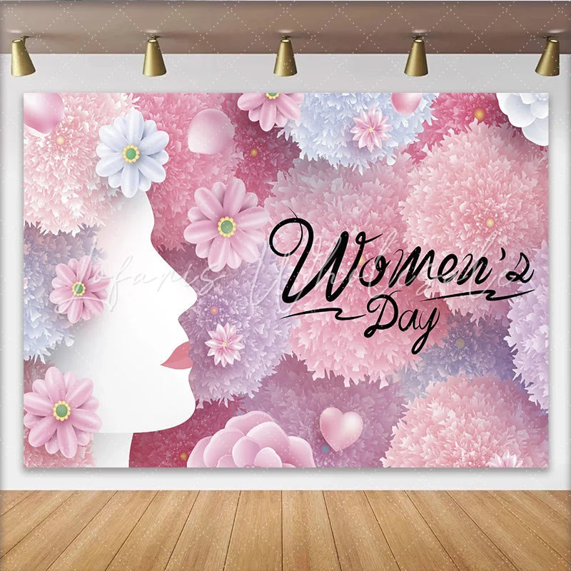 Lofaris International Womens Day Backdrop Pink Floral Woman Profile Silhouette Spring Flower Party Banner