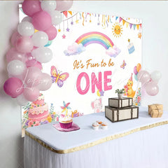 Lofaris It’s Fun to be ONE Cartoon 1st Birthday Backdrop with Rainbow and Balloons Cute Animal Cake Smash Background for Baby Party Decor