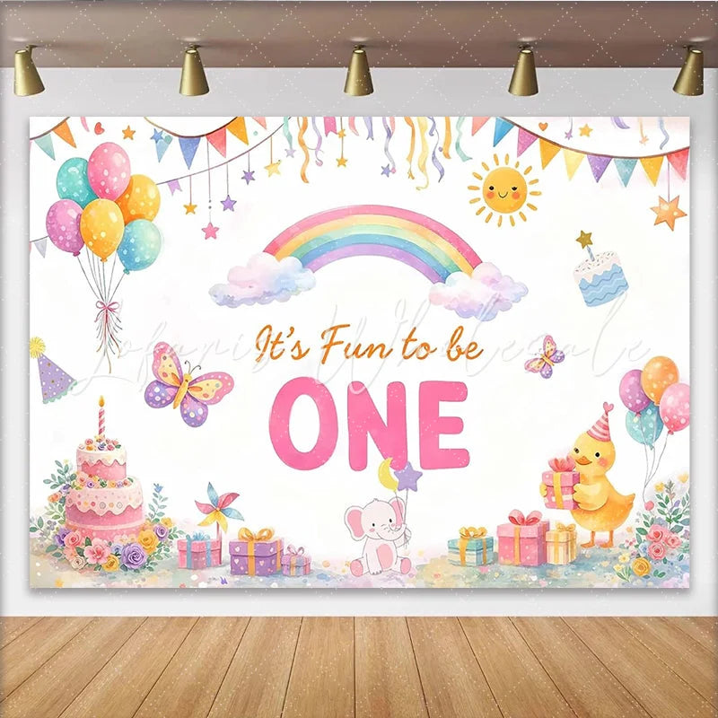 Lofaris It’s Fun to be ONE Cartoon 1st Birthday Backdrop with Rainbow and Balloons Cute Animal Cake Smash Background for Baby Party Decor