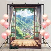 Lofaris Japanese Style Interior Backdrop Tatami Rug and Sliding Door to Vibrant Green Mountains