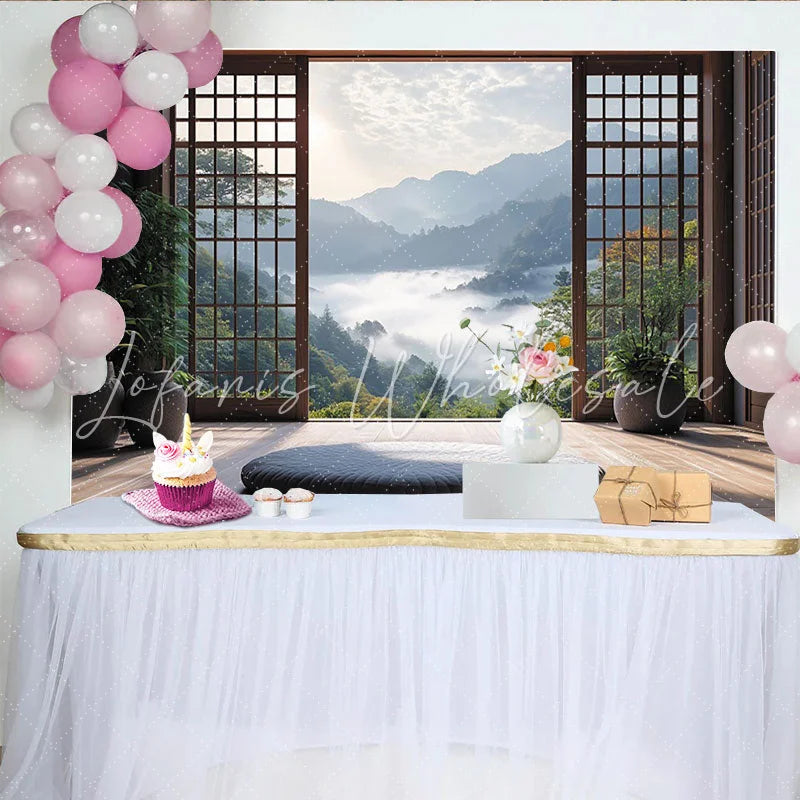 Lofaris Japanese Window Frame Natural Scenery Photography Backdrop Misty Mountain View Background for Studio Photoshoot