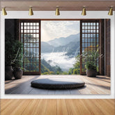 Lofaris Japanese Window Frame Natural Scenery Photography Backdrop Misty Mountain View Background for Studio Photoshoot