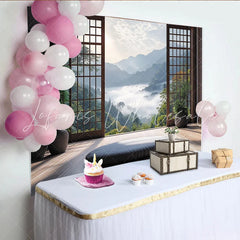 Lofaris Japanese Window Frame Natural Scenery Photography Backdrop Misty Mountain View Background for Studio Photoshoot