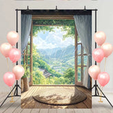 Lofaris Japanese Zen Room Backdrop Round Rug and Open Window with Lush Green Mountain View