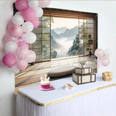 Lofaris Japanese Zen Room Photography Backdrop with Misty Mountain View Serene Wooden Interior Studio Background for Portrait Sessions