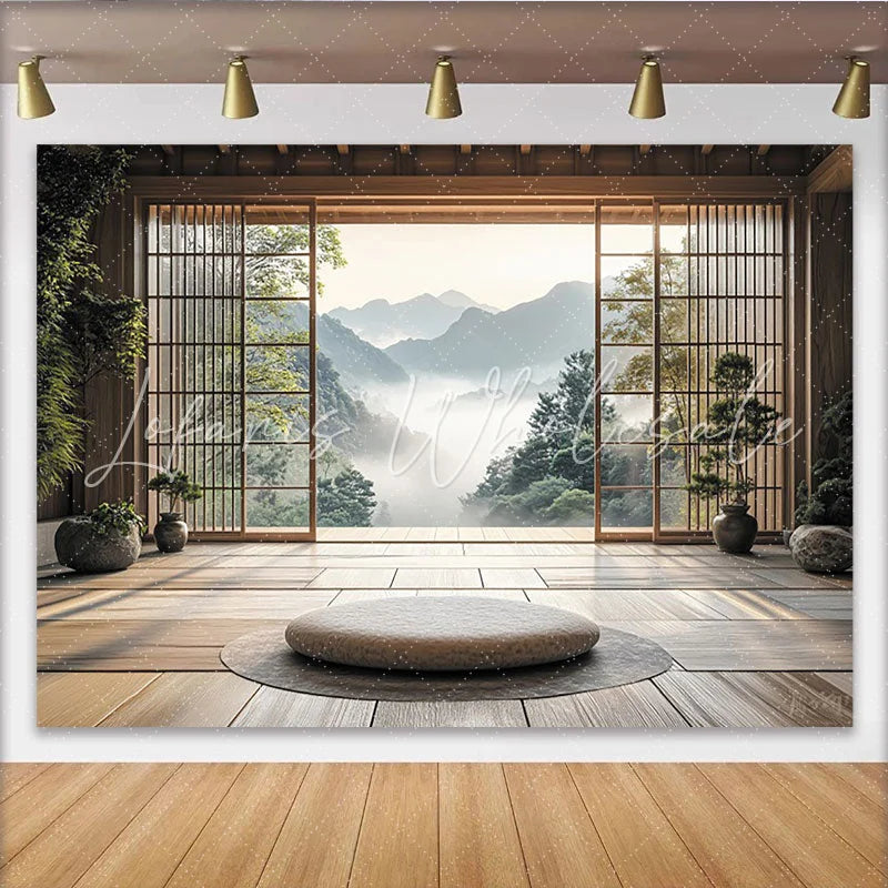 Lofaris Japanese Zen Room Photography Backdrop with Misty Mountain View Serene Wooden Interior Studio Background for Portrait Sessions