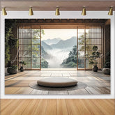 Lofaris Japanese Zen Room Photography Backdrop with Misty Mountain View Serene Wooden Interior Studio Background for Portrait Sessions