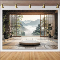 Lofaris Japanese Zen Room Photography Backdrop with Misty Mountain View Serene Wooden Interior Studio Background for Portrait Sessions