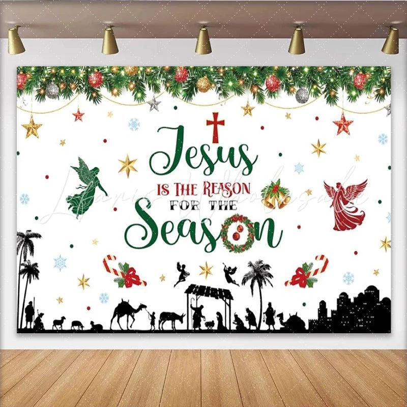 Lofaris Jesus Is The Reason For The Season Backdrop Nativity Scene Manger Silhouette Background Religious Christmas Party Prop