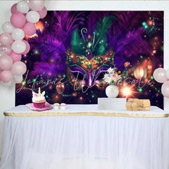 Lofaris Jeweled Masquerade Ball Backdrop Purple Feather Mask with Golden Bokeh Lights Banner