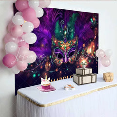 Lofaris Jeweled Masquerade Ball Backdrop Purple Feather Mask with Golden Bokeh Lights Banner