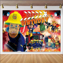 Lofaris Joyeux anniversaire pompiers et camion de pompier toile de fond pour enfants et garçons décoration de fête d’urgence