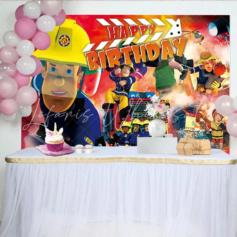 Lofaris Joyeux anniversaire pompiers et camion de pompier toile de fond pour enfants et garçons décoration de fête d’urgence