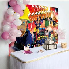 Lofaris Joyeux anniversaire pompiers et camion de pompier toile de fond pour enfants et garçons décoration de fête d’urgence