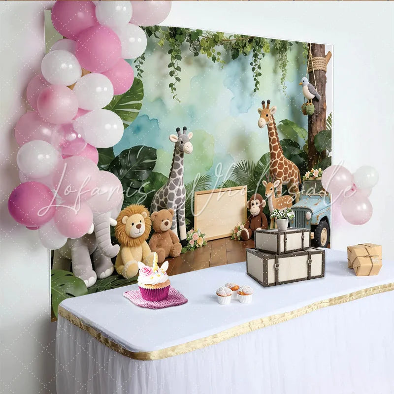 Lofaris Jungle Safari Baby Shower Backdrop with Cute Animals and Green Leaves Watercolor Sky Background for Baby Photography and Party Decor