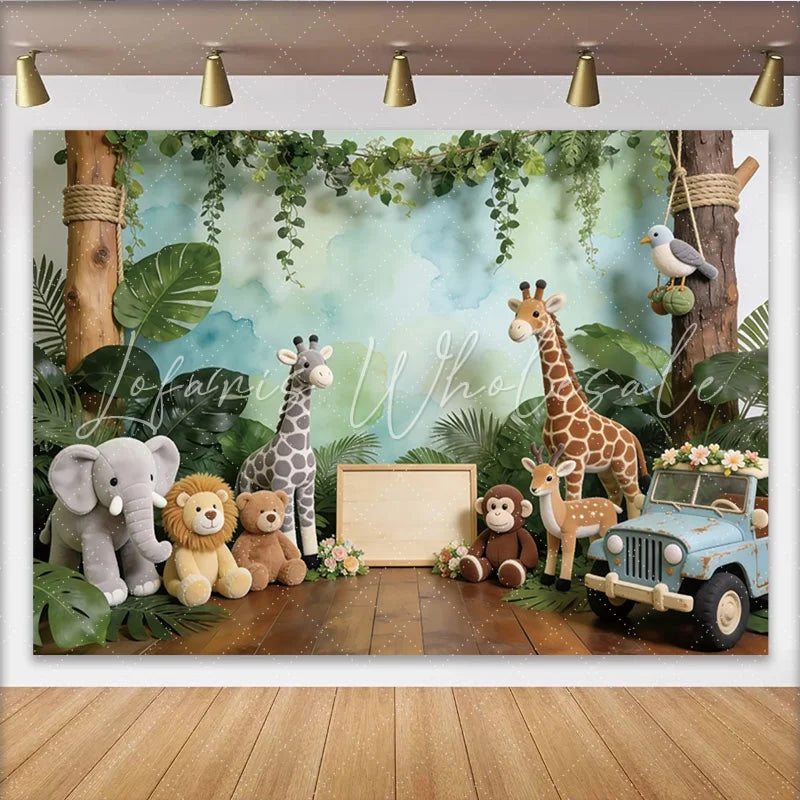 Lofaris Jungle Safari Baby Shower Backdrop with Cute Animals and Green Leaves Watercolor Sky Background for Baby Photography and Party Decor