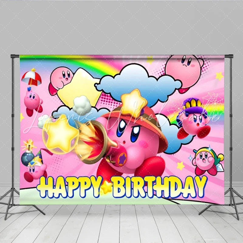 Lofaris Kirby Inspired Happy Birthday Backdrop for Kids Pink Puff Video Game Character Nintendo Themed Party Photo Booth