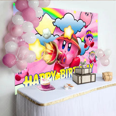 Lofaris Kirby Inspired Happy Birthday Backdrop for Kids Pink Puff Video Game Character Nintendo Themed Party Photo Booth