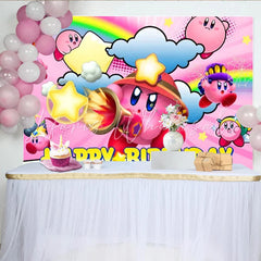 Lofaris Kirby Inspired Happy Birthday Backdrop for Kids Pink Puff Video Game Character Nintendo Themed Party Photo Booth