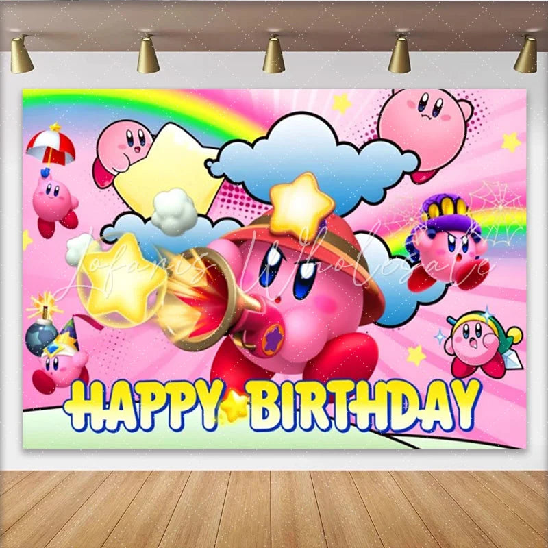 Lofaris Kirby Inspired Happy Birthday Backdrop for Kids Pink Puff Video Game Character Nintendo Themed Party Photo Booth