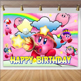 Lofaris Kirby Inspired Happy Birthday Backdrop for Kids Pink Puff Video Game Character Nintendo Themed Party Photo Booth
