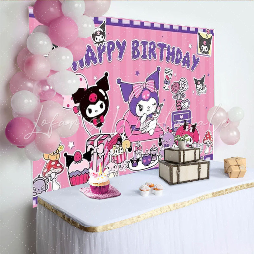 Lofaris Kuromi and My Melody Inspired Birthday Backdrop Pink Gothic Bunny and Friend Cute Cartoon Party Photo Booth Decor