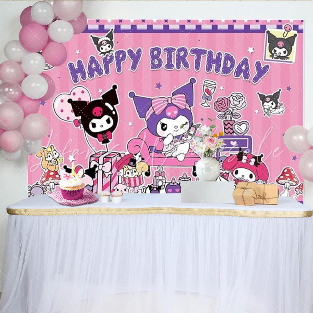 Lofaris Kuromi and My Melody Inspired Birthday Backdrop Pink Gothic Bunny and Friend Cute Cartoon Party Photo Booth Decor