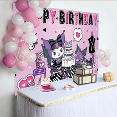 Lofaris Kuromi Inspired Happy Birthday Backdrop Sanrio Themed with Purple and Black Cute Cartoon Party Photo Prop Decor