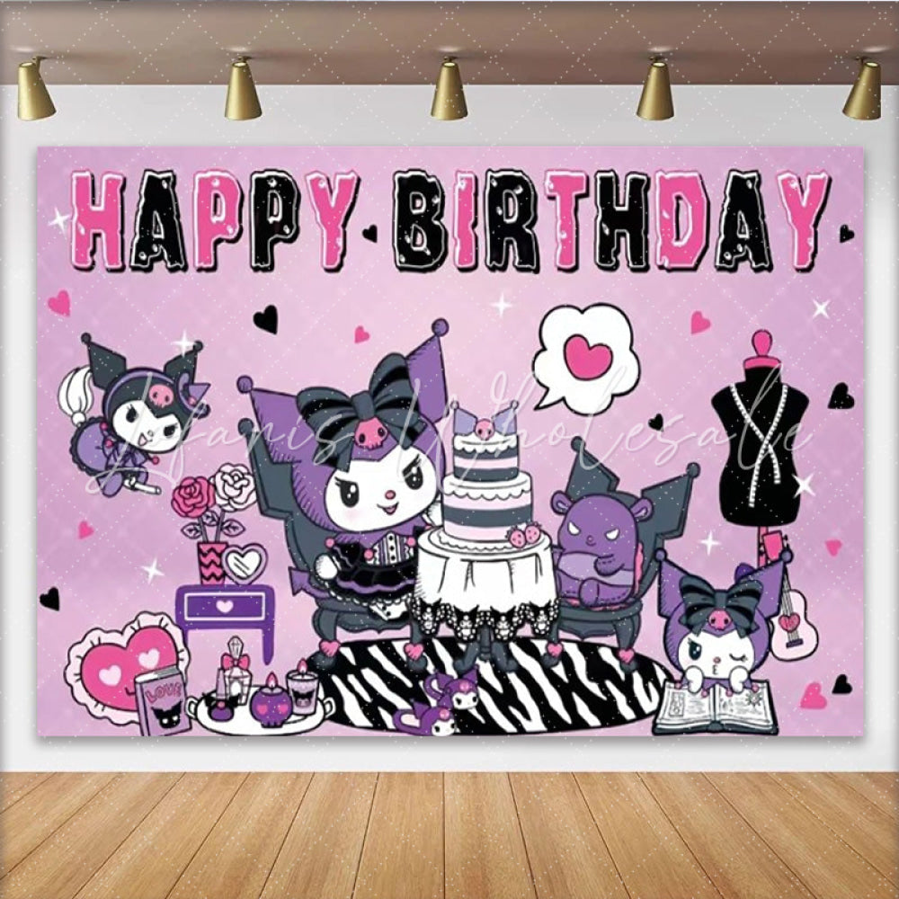 Lofaris Kuromi Inspired Happy Birthday Backdrop Sanrio Themed with Purple and Black Cute Cartoon Party Photo Prop Decor
