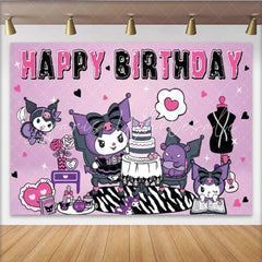 Lofaris Kuromi Inspired Happy Birthday Backdrop Sanrio Themed with Purple and Black Cute Cartoon Party Photo Prop Decor