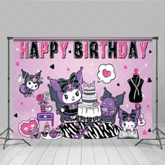 Lofaris Kuromi Inspired Happy Birthday Backdrop Sanrio Themed with Purple and Black Cute Cartoon Party Photo Prop Decor