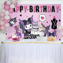 Lofaris Kuromi Inspired Happy Birthday Backdrop Sanrio Themed with Purple and Black Cute Cartoon Party Photo Prop Decor