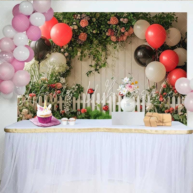 Lofaris Ladybug Birthday Backdrop Red Black Balloon Garden Fence Background Girl 1st Bday Cake Smash Prop