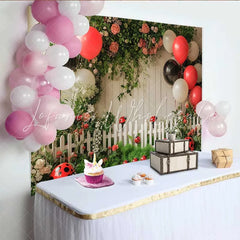 Lofaris Ladybug Birthday Backdrop Red Black Balloon Garden Fence Background Girl 1st Bday Cake Smash Prop
