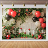 Lofaris Ladybug Birthday Backdrop Red Black Balloon Garden Fence Background Girl 1st Bday Cake Smash Prop