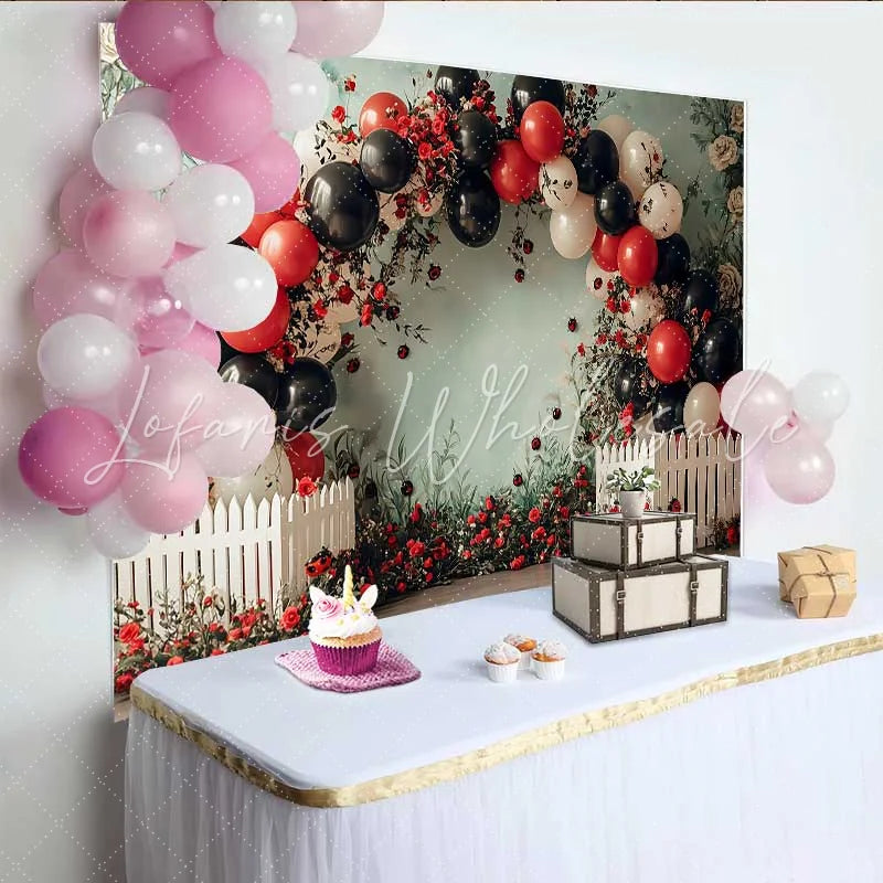 Lofaris Ladybug Floral Birthday Backdrop Red Rose Balloon Arch Background Girl Cake Smash Photo Booth Prop
