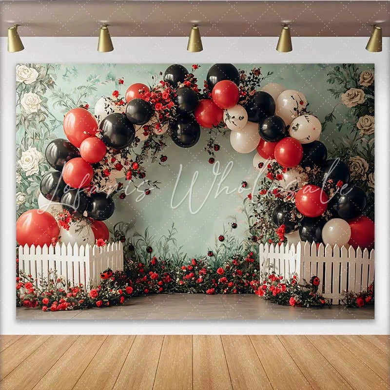 Lofaris Ladybug Floral Birthday Backdrop Red Rose Balloon Arch Background Girl Cake Smash Photo Booth Prop
