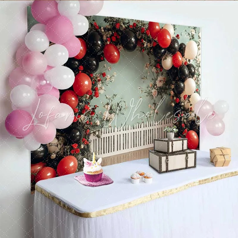 Lofaris Ladybug Garden Birthday Backdrop Floral Balloon Fence Background Girl 1st Bday Photography Prop