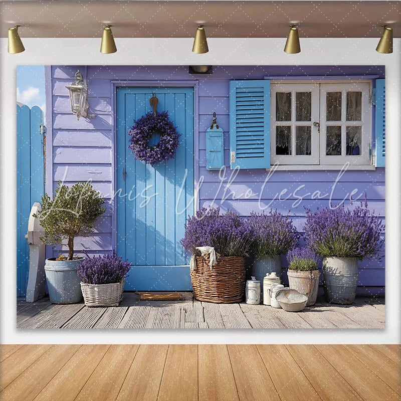 Lofaris Lavendel-Hintergrund mit blauem Tür-Motiv Fotokulisse für Gartenpartys rustikale Sommerdekoration