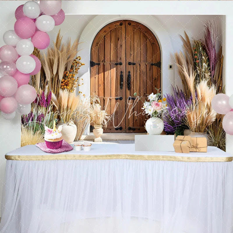 Lofaris Lavender and Pampas Door Photography Backdrop Rustic Garden Entrance Photo Background