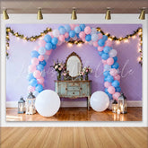 Lofaris Lavender Birthday Cake Smash Backdrop Pink and Blue Balloon Arch with Fairy Lights and Vanity Mirror
